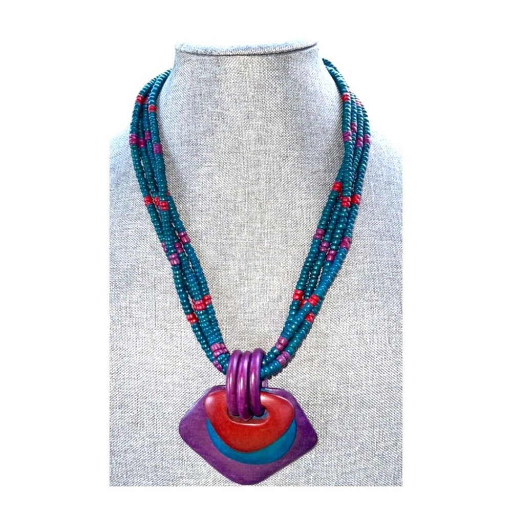 Colorful Wooden Necklace Bohemian Teal Purple Brown Summer Approximately 14”